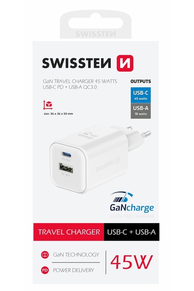 SWISSTEN ÎNCĂRCĂTOR RAPID DE REȚEA GaN 1x USB-C 45W PD + 1x USB-A 18W QC