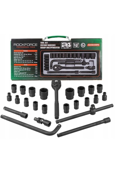 ROCKFORCE Set de chei tubulare cu clichet 1/2, 24 piese, 8-32mm, în cutie met...
