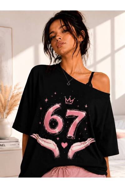 Vanteon 67 Baskılı Siyah Oversize Kadın Tişört
