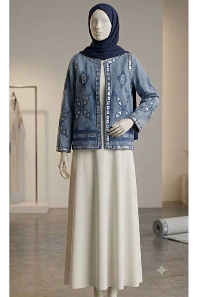 yussewear سترة نسائية من الدنيم بتصميم YW مع تطريز مفصل