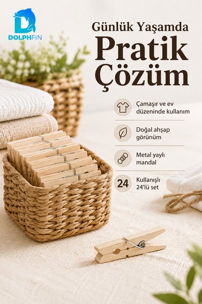 DolphFin 24-Piece Wooden Clothespins 7 cm Metal Spring Strong Grip