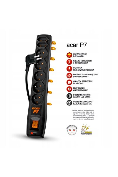NO BRAND Prelungitor cu ștecher Acar P7 5m 7 prize 5 cu împământare, 2 fără p...