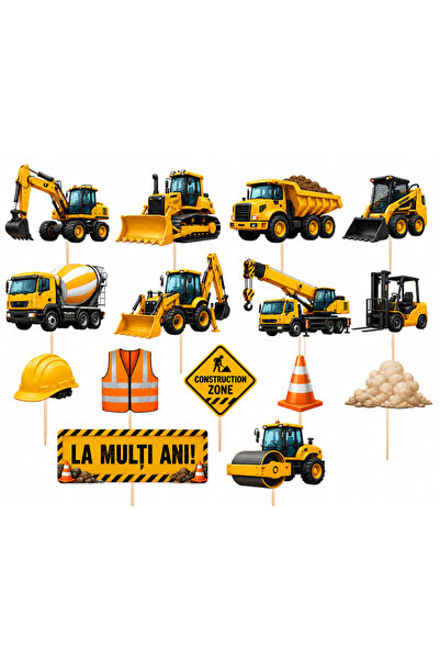 DecoParty Set toppere tort CONSTRUCTII, DecoParty, 15 figurine, carton, supor...