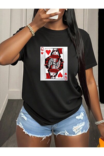 01THEONE Round Neck T-Shirt Women, Lightweight Fabric, Queen of Hearts Playin...