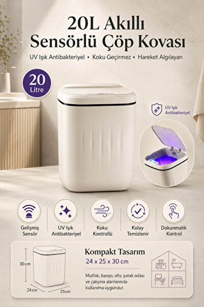Anadolu Saray 20 Litre UV Işıklı Akıllı Sensörlü Çöp Kovası Koku Geçirmez 24x...