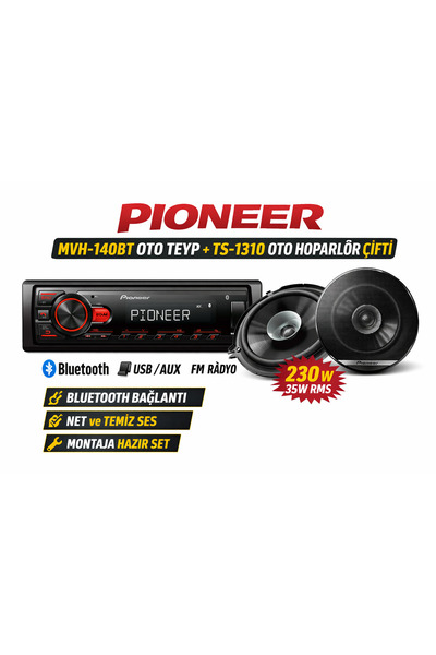 Pioneer MVH‑140BT Bluetooth Oto Teyp + TS‑G1310F 230W 13cm Hoparlör Seti | Ek...