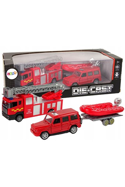 LeanToys Set Vehicule de Pompieri: Tren, Barcă cu Motor, Jeep Roșu