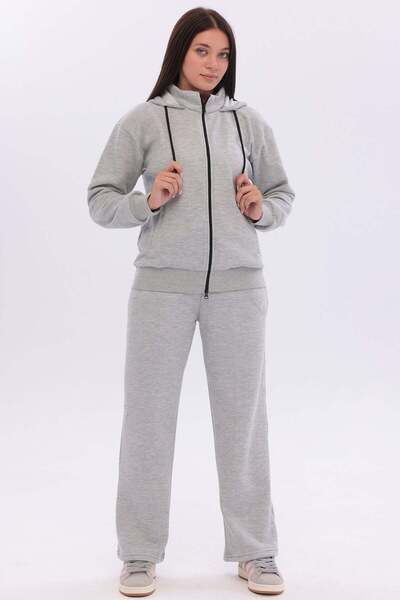 TRENDHİLL Women's Cotton High Collar Hooded Zippered Tracksuit Set Gray-107