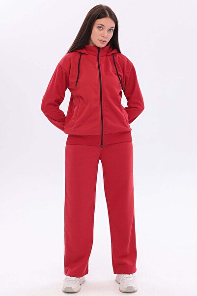 TRENDHİLL Women's Cotton Stand Collar Hooded Zipper Tracksuit Set Mustard Red...