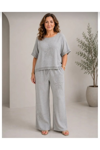 MARWARİ OTANTİK BUTİK Star Embroidered Sequin Linen Suit Pants Blouse