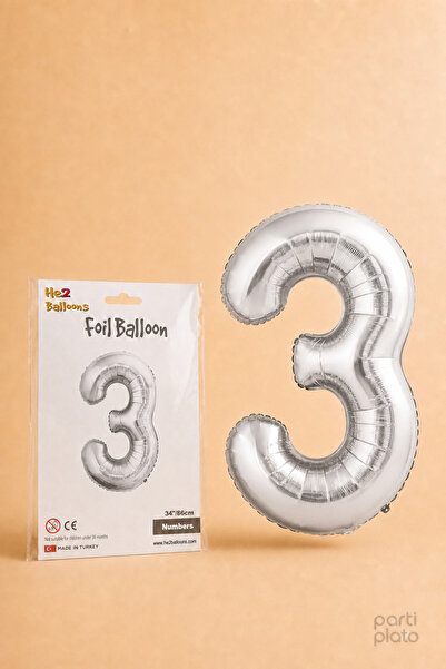 He2 Balloons Silver Folyo Balon 3 Rakamı 86 cm, Helyum Uyumlu Gümüş Renk 3 Ya...