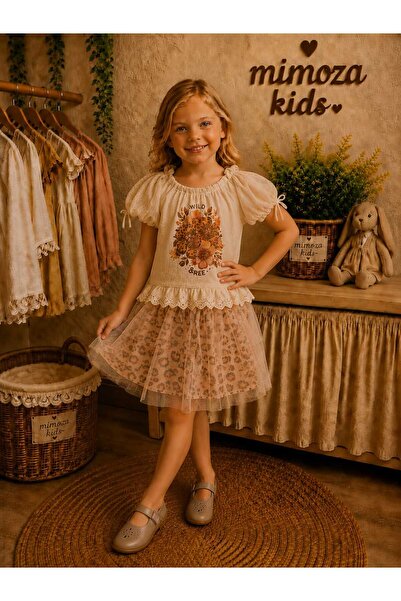 Mimoza Kids Kız Çocuk Çiçek Baskılı Tül Etekli Şık Elbise