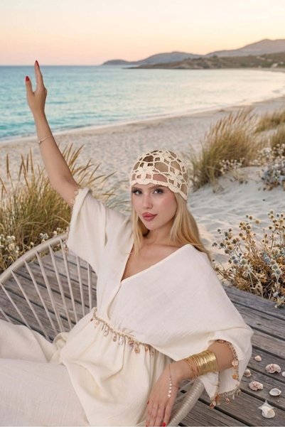 sahraozluk Floral Stone Detailed Crochet Beanie Beige