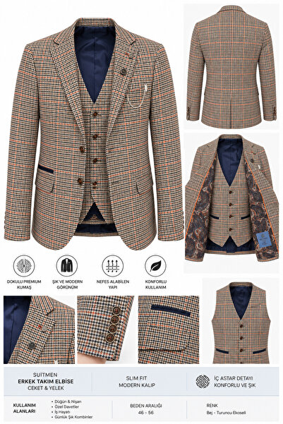 BYMEN ERKEK GİYİM Erkek Bej Lacivert Ekose Desenli Slim Fit Ceket & Yelek Kom...