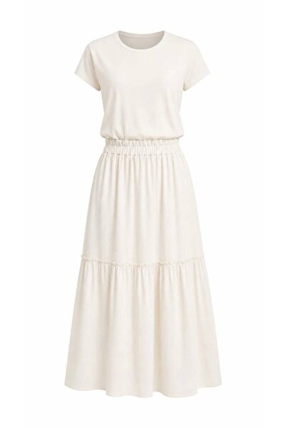 Eight Fashion Women's Ecru Layered Long Viscose Maxi Skirt with Elastic Waist