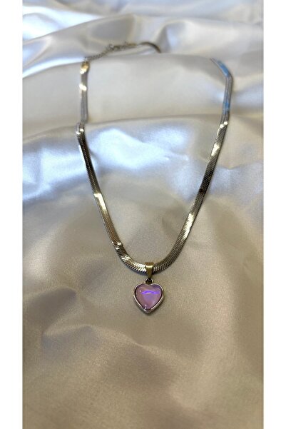 Eylülün Takısı Women's Silver Color Italian Chain Pink Heart Necklace
