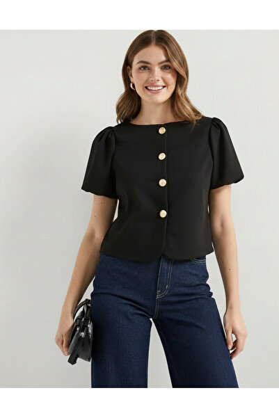 Merlot Puff Sleeve Button Detailed Black Blouse