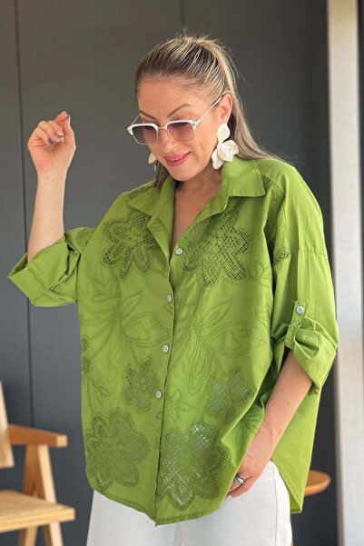 MİSLİNA BUTİK İthal Manolya Desen Zeytin Yeşili Gömlek