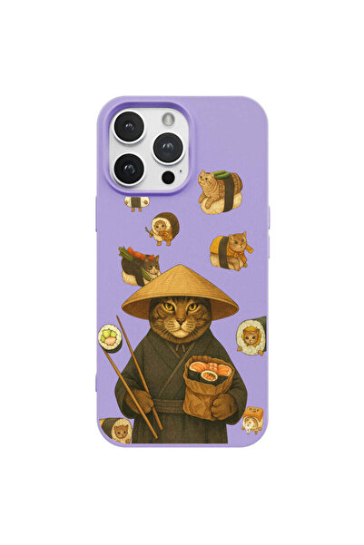 Casen iPhone 14 Pro Max Lila Kedi Tasarımlı Gimbap Cat Renkli Silikon Telefon...