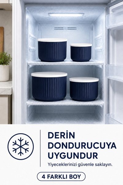 Ezupack 4'lü Yuvarlak Saklama Kabı Seti Çizgili Lacivert | 2.5l 1.5l 0.80l 0.45l | Mikrodalga Ve Dondurucu Uyumlu