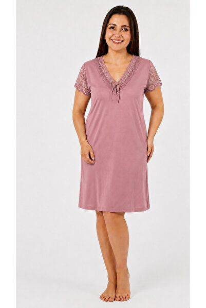 Altınay Women's Plus Size Ring Viscose V-Neck Nightgown(Dress) Short Sleeve L...