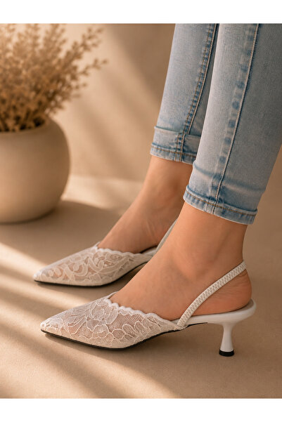 irmona Cansy White Lace 3 cm Heel Elastic Band Pointed Toe Heel Shoes