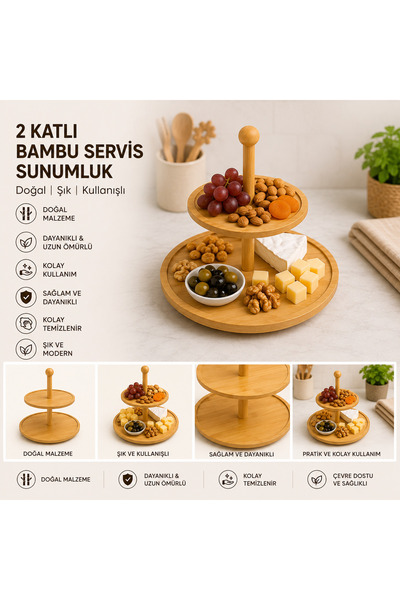 Genel Markalar 2 Katlı Ahşap Servis Sunumluğu 20/25 cm Yuvarlak Sunum Standı ...