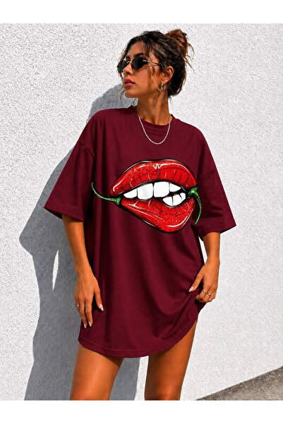 classy moda Women's Lip&Pepper Printed Oversize Crew Neck Tunic T-Shirt
