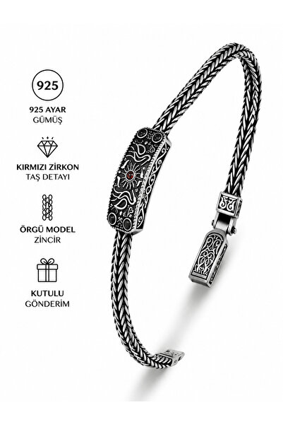925 Ayar Gümüş Oksitli Örgü Zincir Erkek Bileklik – El İşçiliği Motifli Vintage Tasarım Erkek Bilekliği