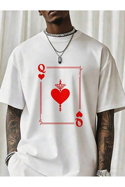 NOURAM Queen Of Hearts Playing Card Design Black T Shirt Men Fashion Streetwe...