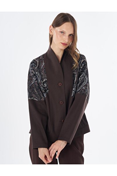 Kayra Fabric Garnished Buttoned Jacket Dark Brown