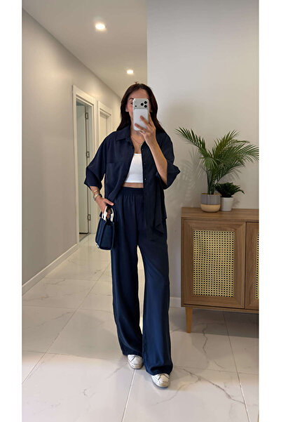 BİRCANÇİL Lales Navy Blue Shirt Pants Tencel Set