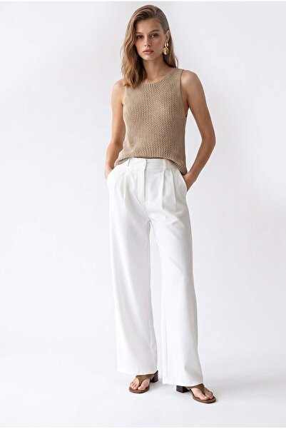 Mixray 2186 Women's High Waist Double Pleated Palazzo Pants White