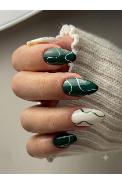 Shades On Nails Handmade Press-On Nails Set - Forest Emerald Green & Crisp Wh...