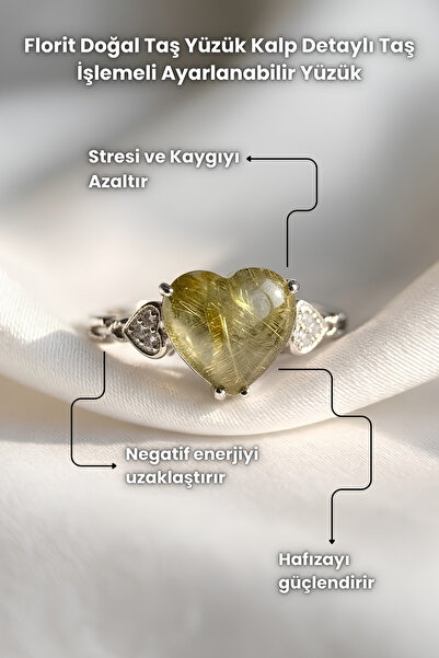 Elifsu Jewelry Fluorite Natural Stone Ring Heart Detailed Stone Embellished A...
