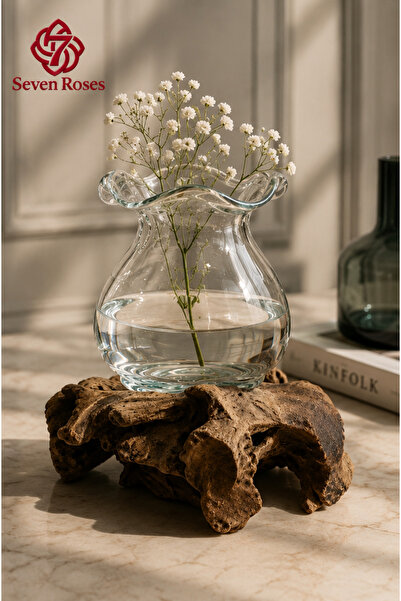 Generic Luxurious Floral Glass Vase Above Authentic Natural Wood Roots