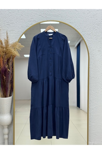 MİHRA STORE فستان بيجي نصف مطوي قماش مودال -PE626 أزرق داكن