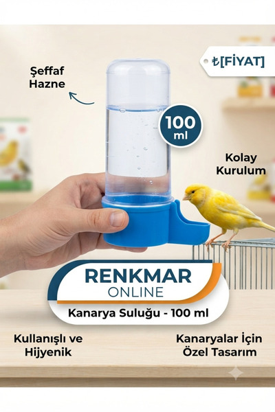 renkmar Mavi 100 ml Kanarya Suluğu - Şeffaf Hijyenik Kafes Suluğu - Kuş Kafes...