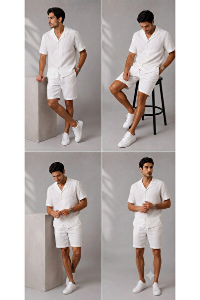 ATKGİYİM Men's Linen Shirt and Shorts Set - Summer Short Sleeve Two-Piece Com...