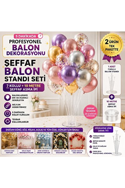 Bkmc 2'li Şeffaf Balon Standı Seti | 7 Kollu Balon Standı + 10 Metre Şeffaf Asma İpi | Doğum Günü, Baby Shower, Nişan ve Organizasyonlar İçin Parti Aksesuarı Parti Seti Süsü
