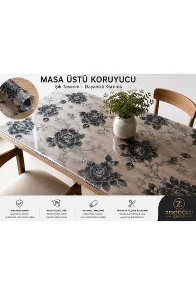 Muhtelif 80 CM X 100 CM Masa Üstü Koruyucu Şeffaf Siyah Çiçek Desenli PVC Mas...