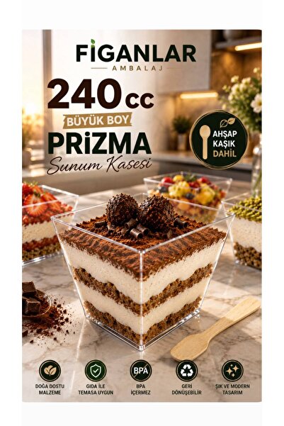 figanlar ambalaj 240 cc Büyük Boy Prizma Sunum Kasesi Ahşap Kaşıklı Tatlı ve ...