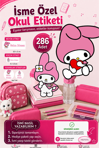 Sim Tasarım My Melodi Pembe Okul Etiketi Kalem Defter Etiketi Özel İsim Yazıl...