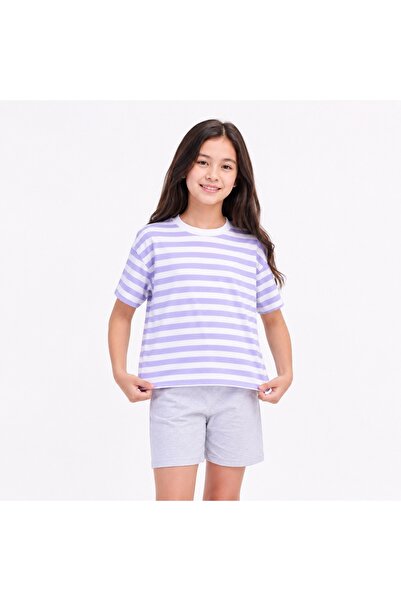 PALM PEANUTS Girls Lavender Striped T-Shirt & Cotton Shorts Summer Clothing Set