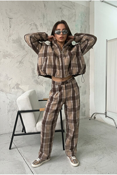 MQ Winter Set, Velvet Pajamas, Two-Piece, Checkered Jacket, Wide-Leg Pants, W...