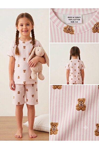 Kız Çocuk %100 Pamuk Ayıcık Desenli Çizgili Kısa Kollu Şortlu Pijama Takımı