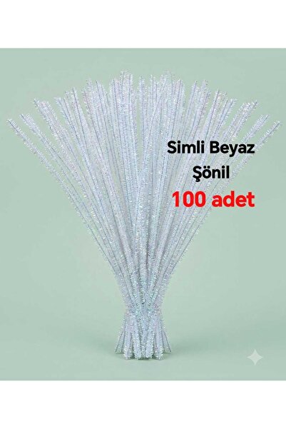 hyc heryerçiçeklenir 100 Adet Simli Beyaz Şönil, Çiçek Yapımına Uygun Tüylü T...
