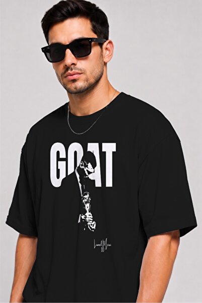 Moda Minimo Unisex Oversize Μπλουζάκι Messi GOAT Μαύρο μπλουζάκι με στάμπα Le...