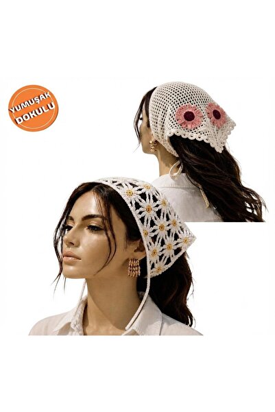 İNCİ ÇEYİZ 2-Pack Vintage Yellow Daisy Bohemian Crochet Pink Floral Bandana