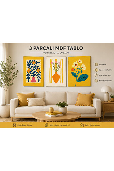 Lumcent Limon, Bitki ve Meyve Temalı 3 Parça MDF Duvar Tablosu – Modern Mutfa...